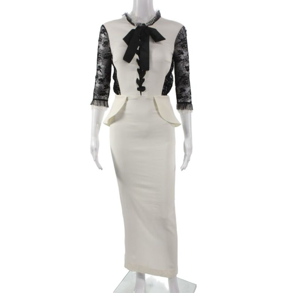 Alessandra Rich Women Pencil Dress White Viscose High Neck 3/4 Sleeve Size 38